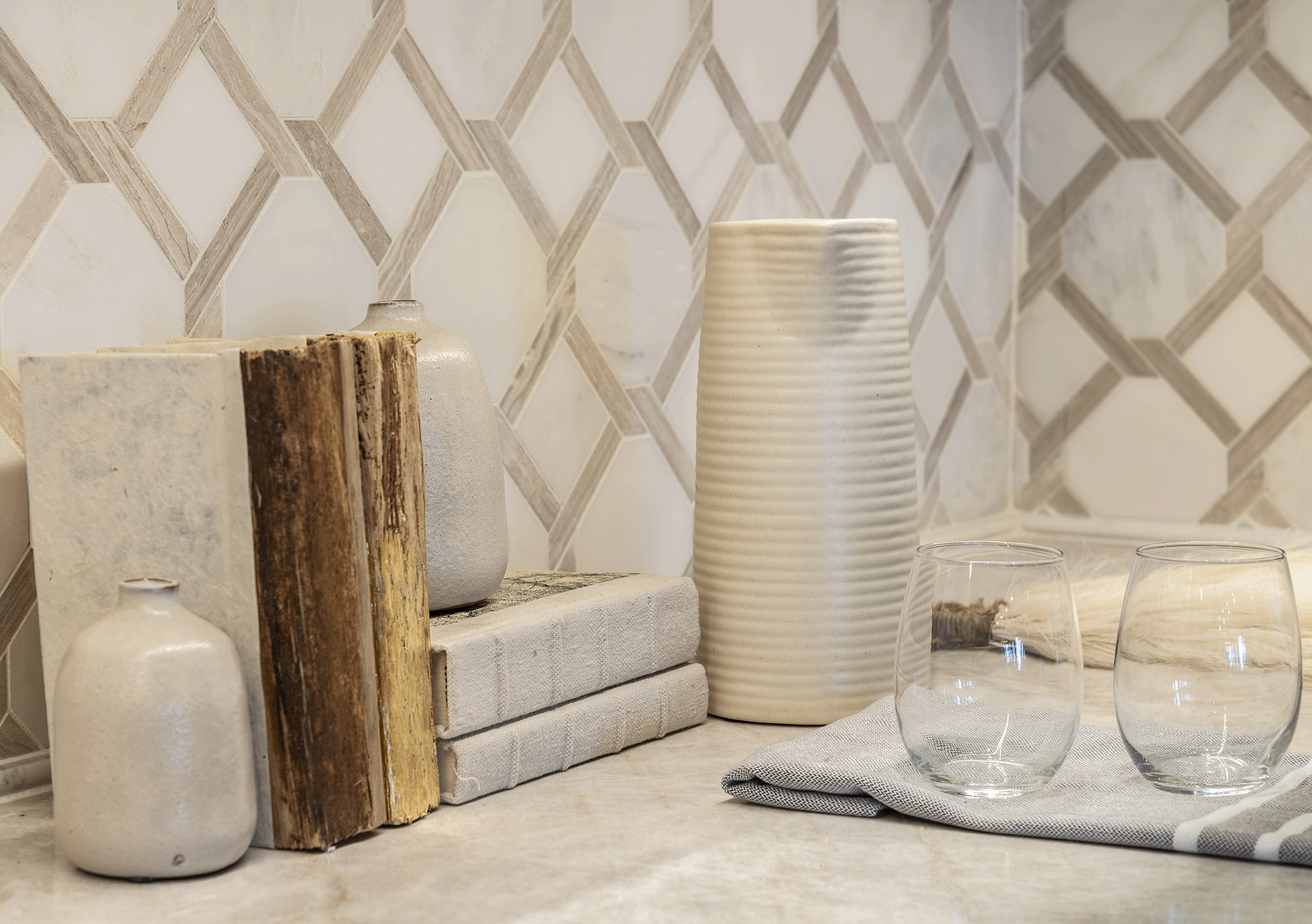 Interior Design accent pieces, vase, pitcher, glasses, etc.